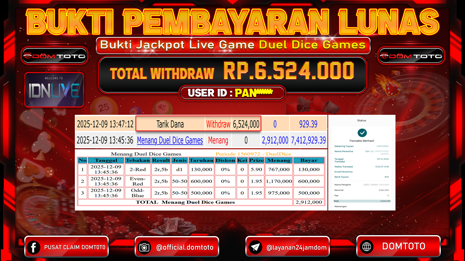 JACKPOT LIVE GAMES Duel Dice Games 09 DECEMBER 2025